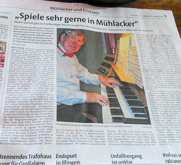 newspaper review of Martin Setchell organ concert