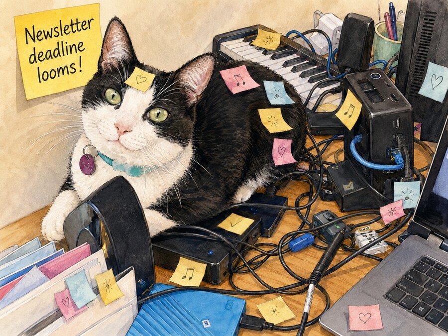 cat covered in post-it notes behind a computer
