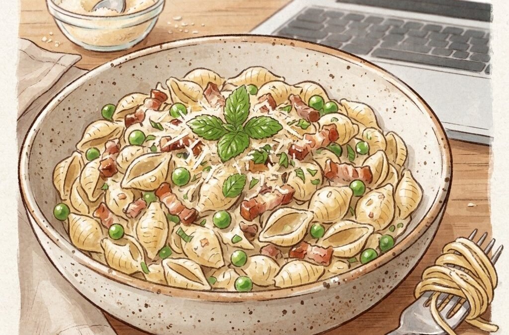 Pasta with creamy bacon, pea, and mint sauce
