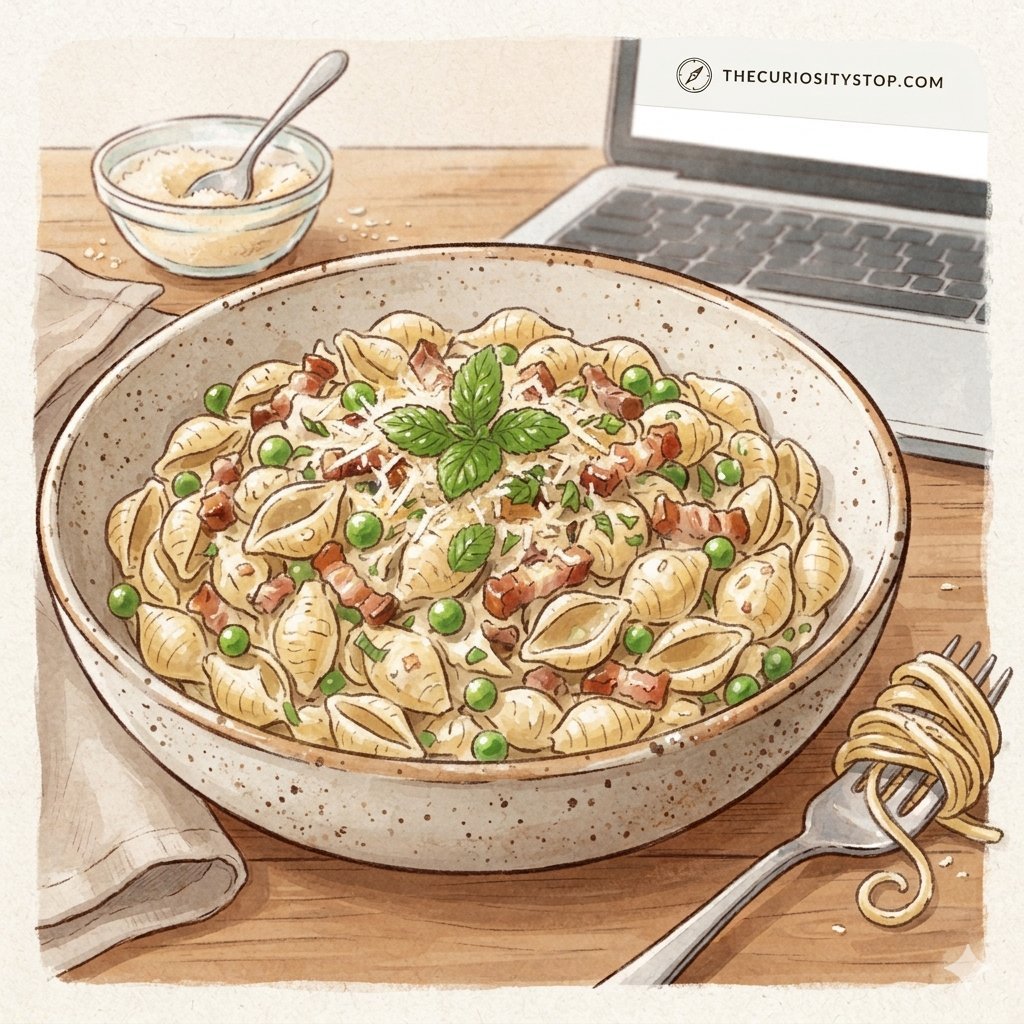 creamy pasta with bacon, mint and pea